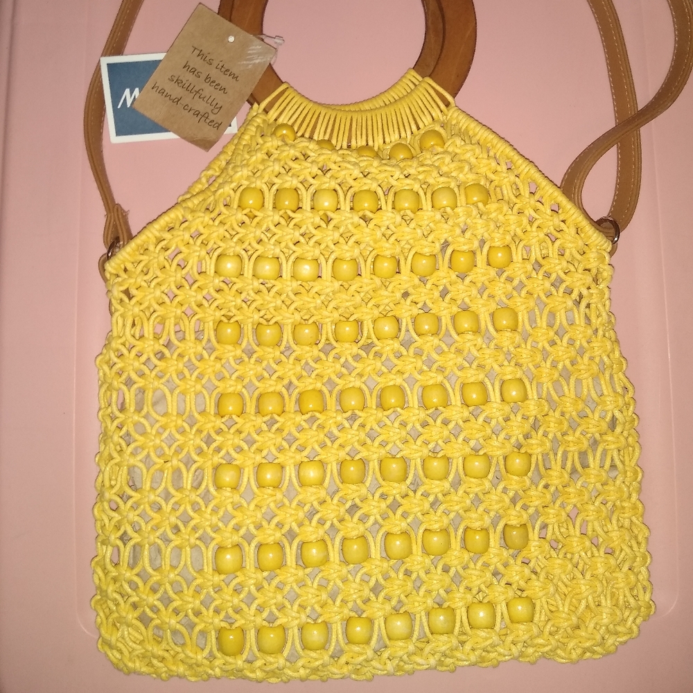 Yellow crochet with wood handle crossbody bag